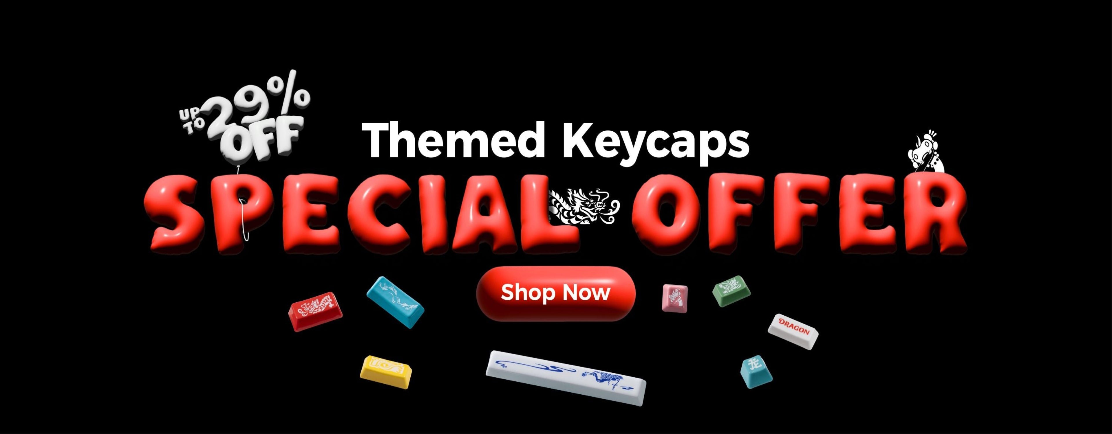 Promotional banner for themed keycaps with a 29% off discount and 'Shop Now' button on a black background.